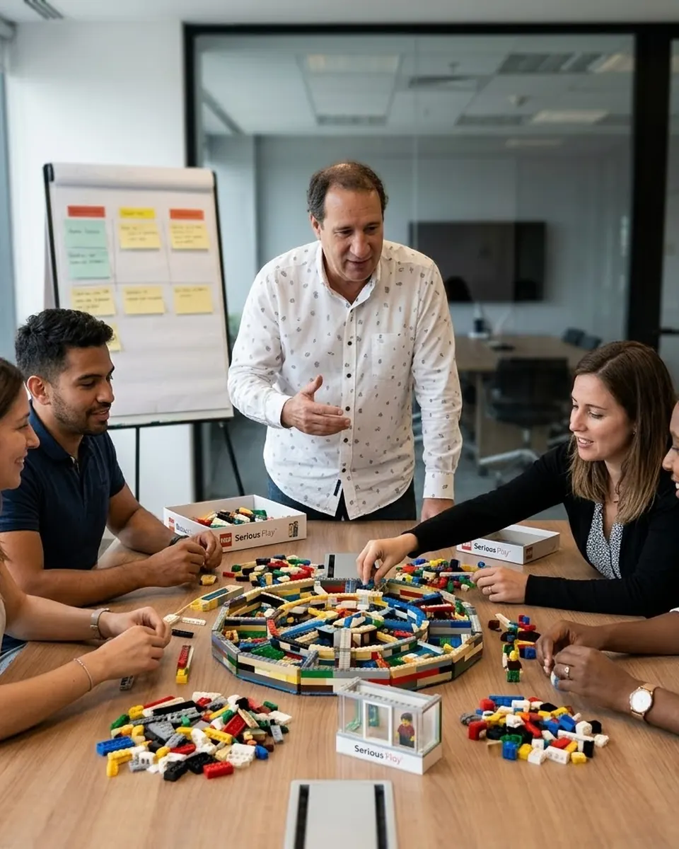 Juan José Fulgi facilitando una sesión de LEGO® SERIOUS PLAY® con un equipo alrededor de la mesa