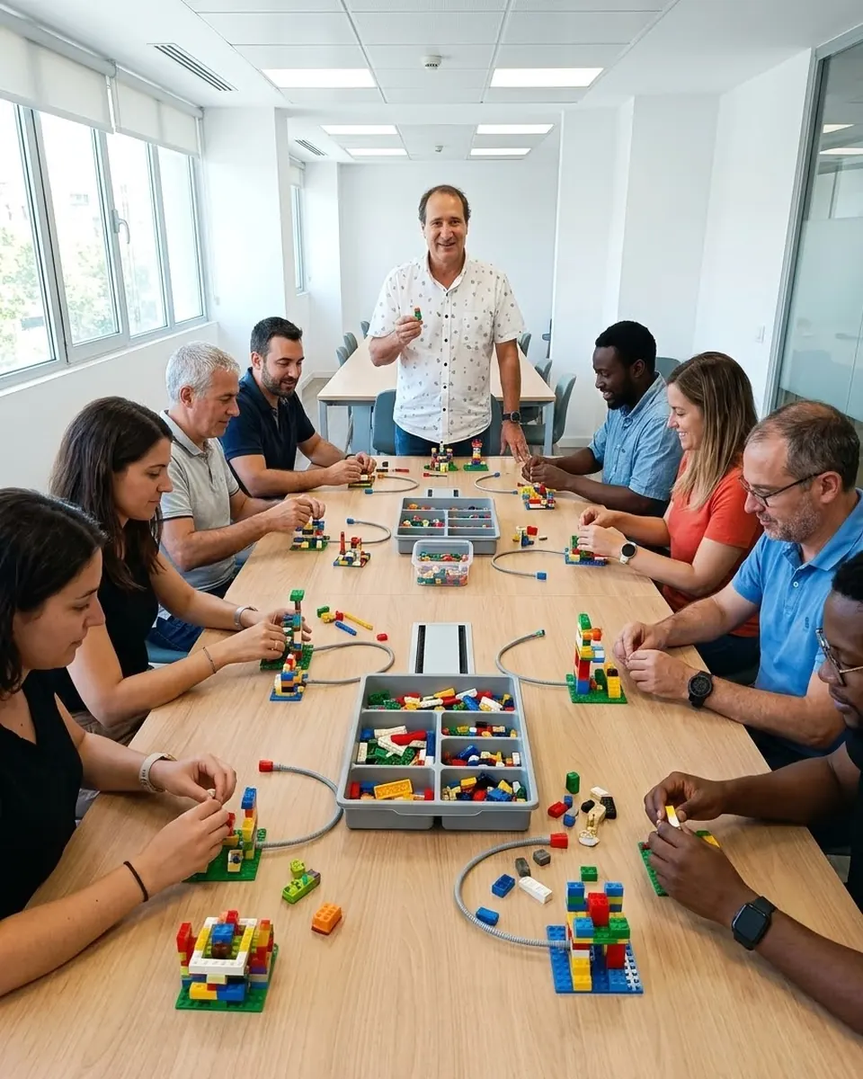 Equipo construyendo modelos con ladrillos en una mesa larga durante una jornada