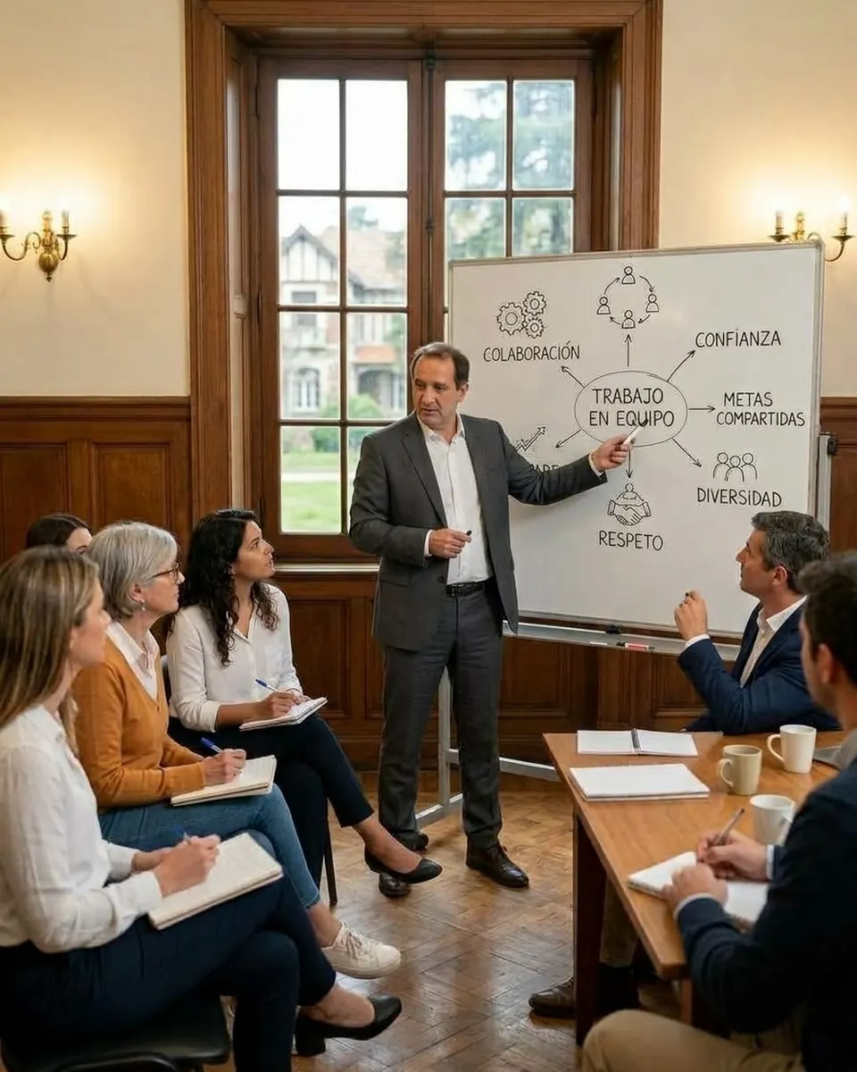 Juan José Fulgi trabajando con un equipo los ejes del trabajo en equipo
