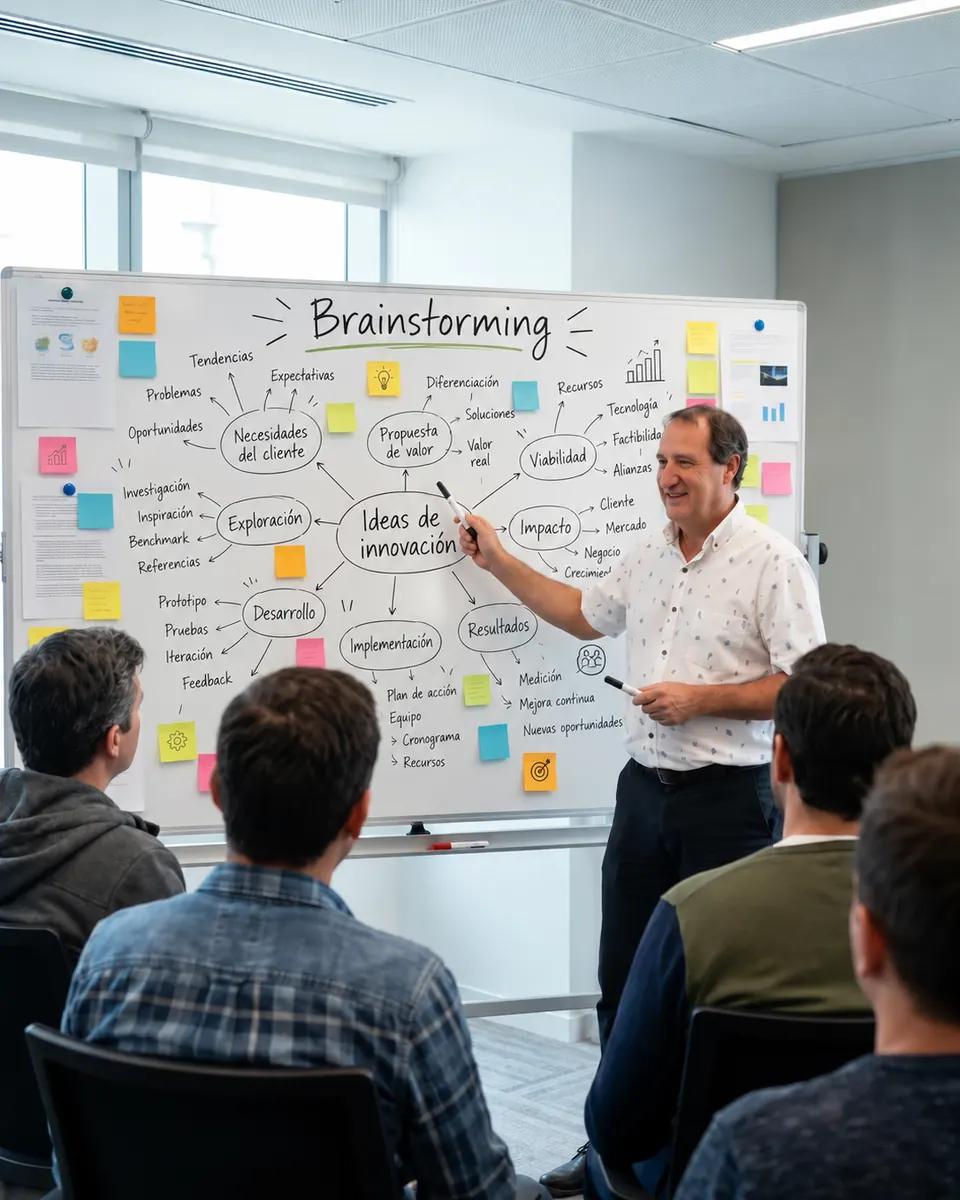 Juan José Fulgi guiando una sesión de lluvia de ideas sobre innovación frente a un equipo